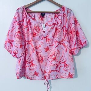 TALBOTS Poplin Drawcord Hem Jacobean Fantasia Floral Blouse Size XL